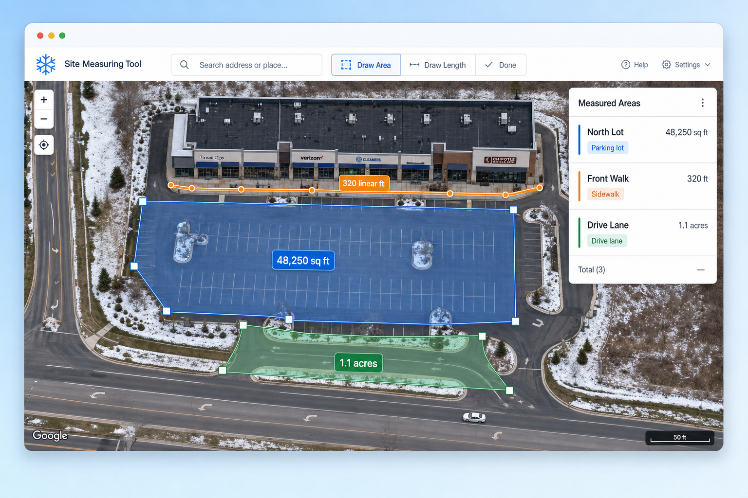 SnowLink site measuring tool outlining a parking lot and walkway on a satellite map with square footage labels